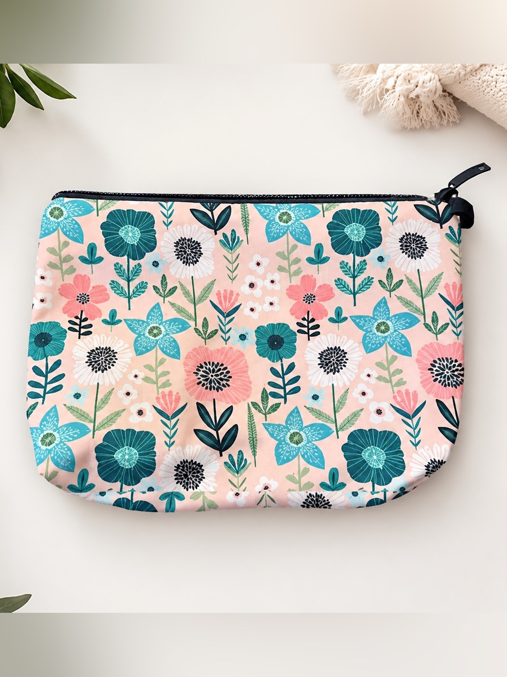 Floral Zip Pouch - Pink Teal Flower Print